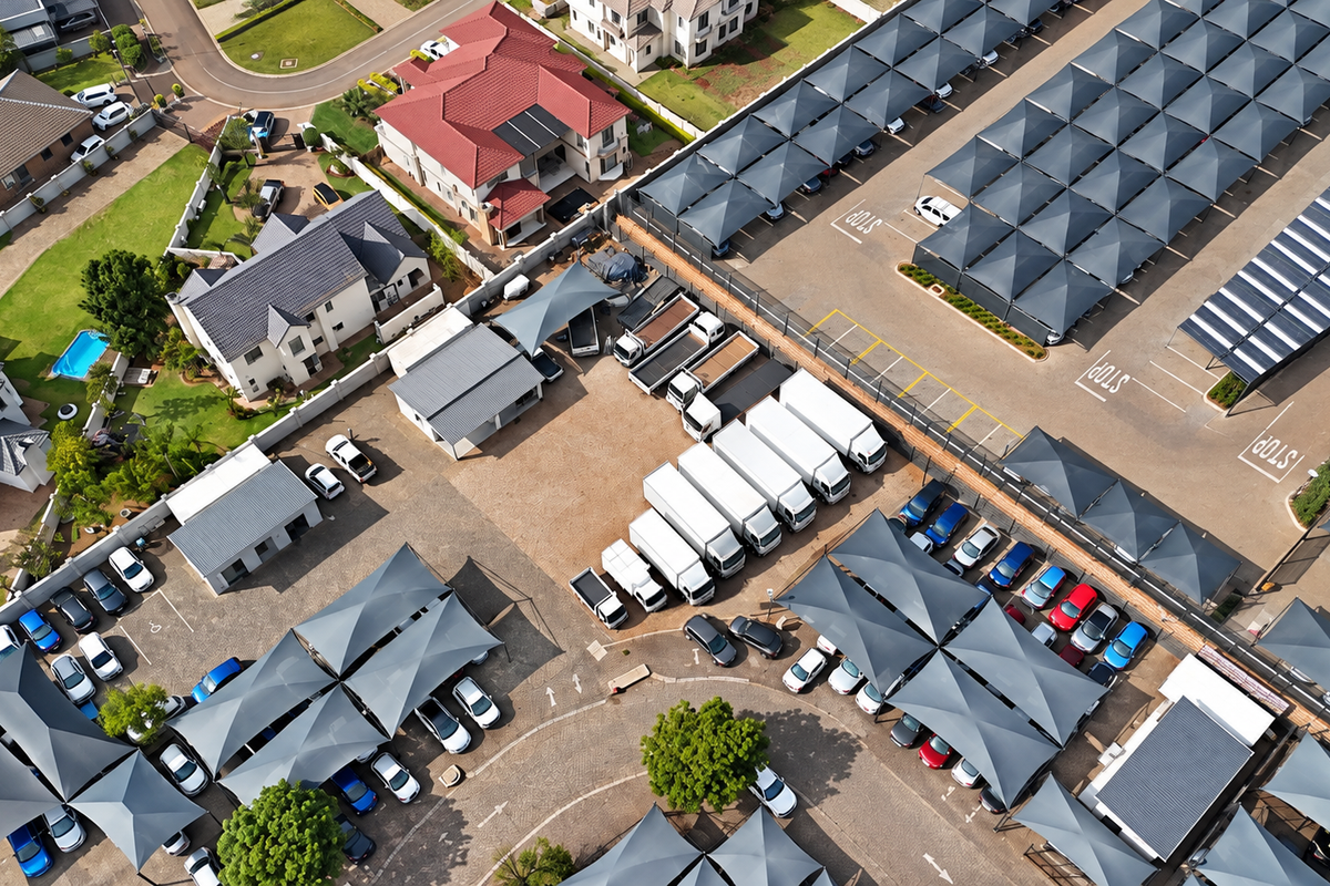 Aerial view of a commercial office property featuring extensive paved parking areas with shade cloth carports and well-maintained surrounding grounds.