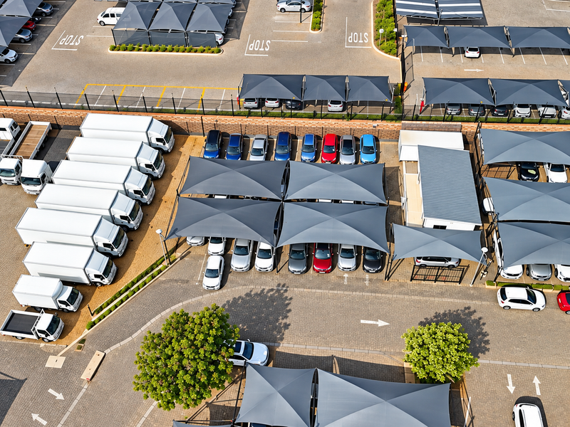 Aerial view of a commercial office parking facility featuring extensive paved parking bays with shade cloth structures and clear traffic markings.