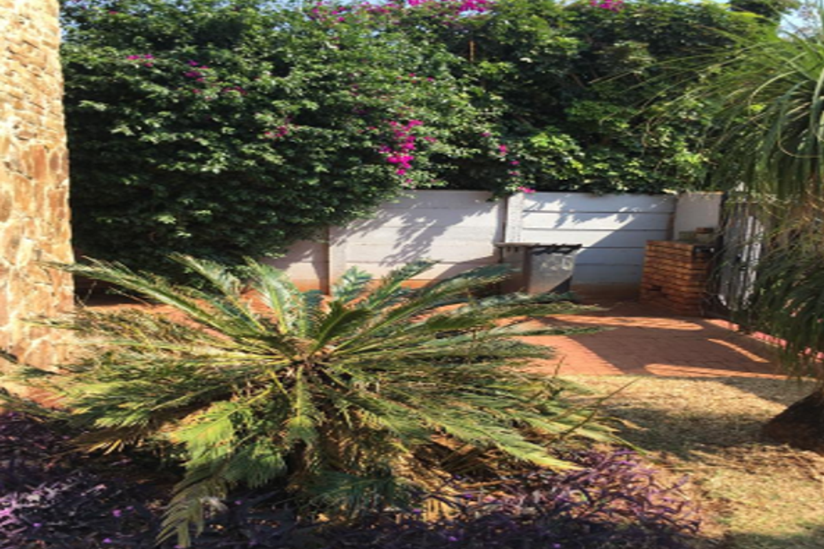 A private rear garden area featuring established landscaping, stone wall cladding, and paved outdoor space.