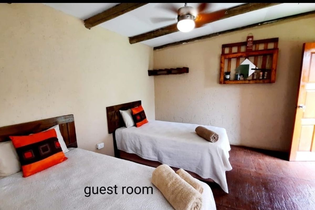 A rustic guest bedroom featuring exposed wooden ceiling beams, timber flooring, and a wooden door.