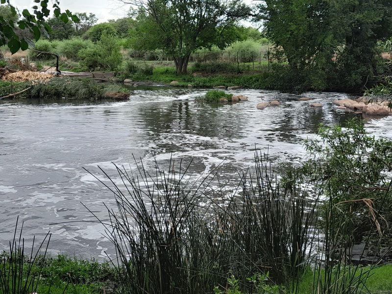 A scenic view of a flowing river with natural rocky features and surrounding lush vegetation on the property.