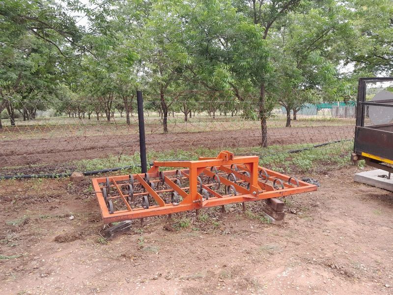 A view of an orchard area on a small holding, featuring established trees, wire fencing, and irrigation infrastructure.
