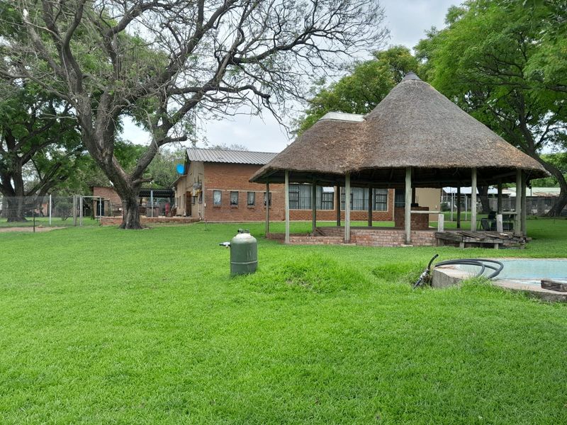 Spacious garden area featuring a traditional thatched lapa, swimming pool, and established trees, set against a brick-built dwelling on the small holding.