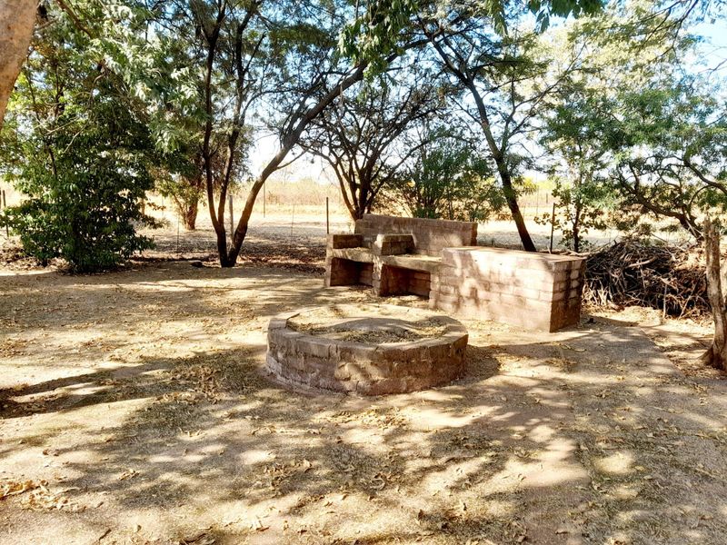 Outdoor garden area featuring a built-in brick braai and a circular brick fire pit, set under mature trees.