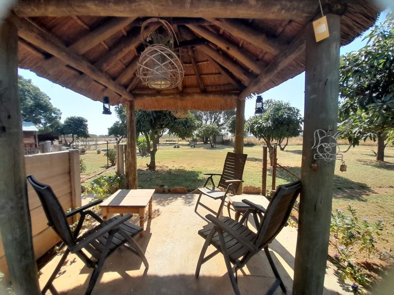 A rustic outdoor thatched-roof patio area overlooking a spacious garden, providing a shaded space for relaxation on the small holding.