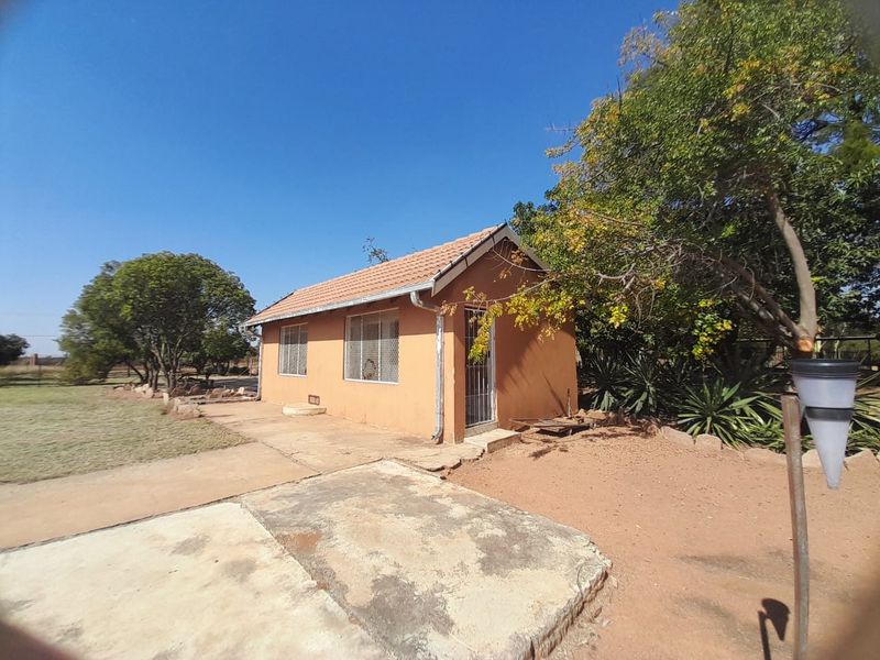 Rear view of a small holding dwelling featuring a tiled roof, security bars on windows, and surrounding concrete paving with established garden trees.