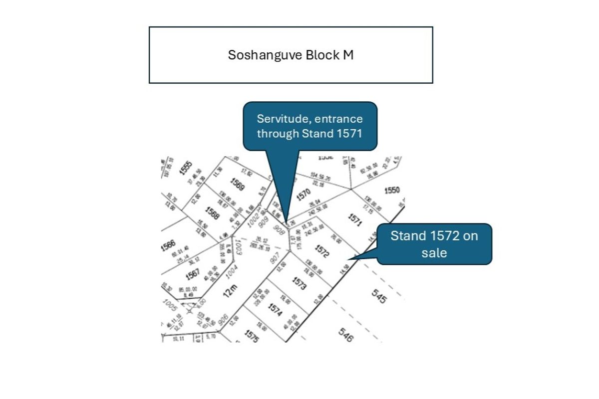 A site plan diagram showing the layout of residential stands in Soshanguve Block M, highlighting the location and access servitude for Stand 1572.