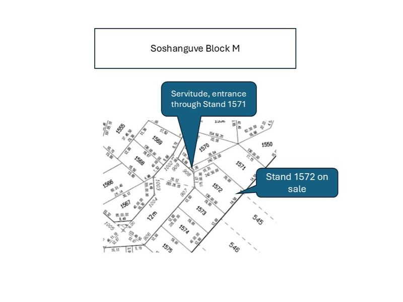 A site plan diagram showing the layout of residential stands in Soshanguve Block M, highlighting the location and access servitude for Stand 1572.