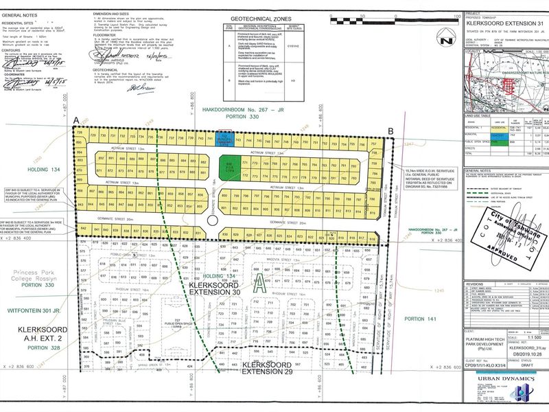 A detailed township layout plan for Klerksoord Extension 31, showing site boundaries, street layouts, and land use zoning.