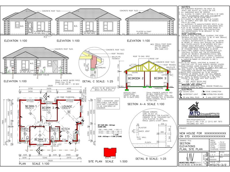 Architectural floor plan and elevation drawings for a new residential house construction, detailing structural specifications, room layout, and building materials.