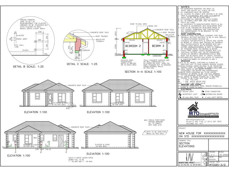 Architectural floor plan and section elevations detailing construction specifications, roof structure, and foundation design for a new residential house project.