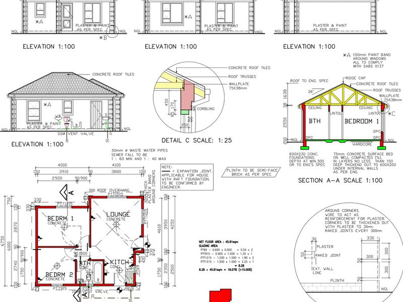 Architectural floor plan and elevation drawings detailing the structural layout, foundation specifications, and exterior finishes for the residential property.
