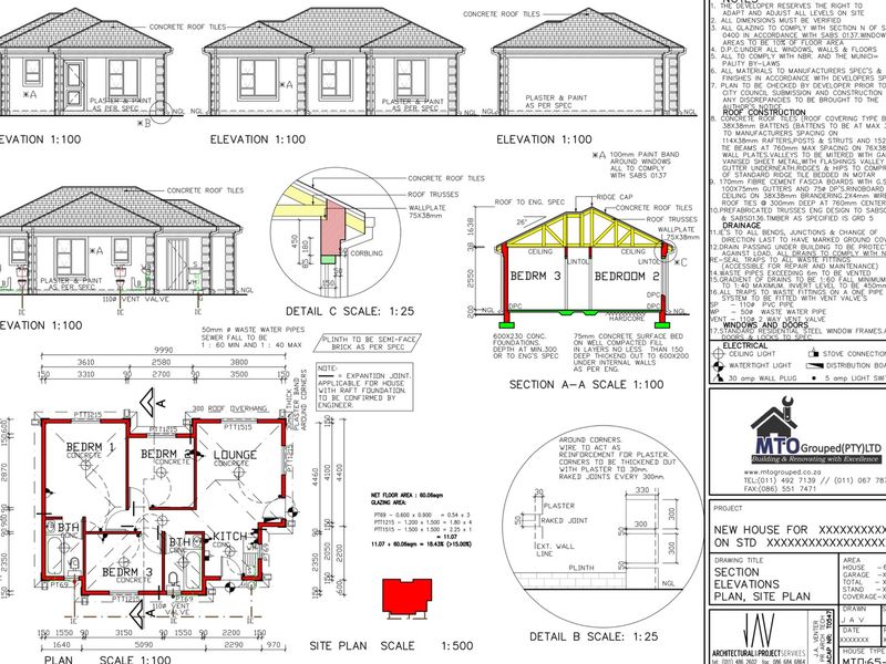 Architectural floor plan and elevation drawings for a new residential house construction project.