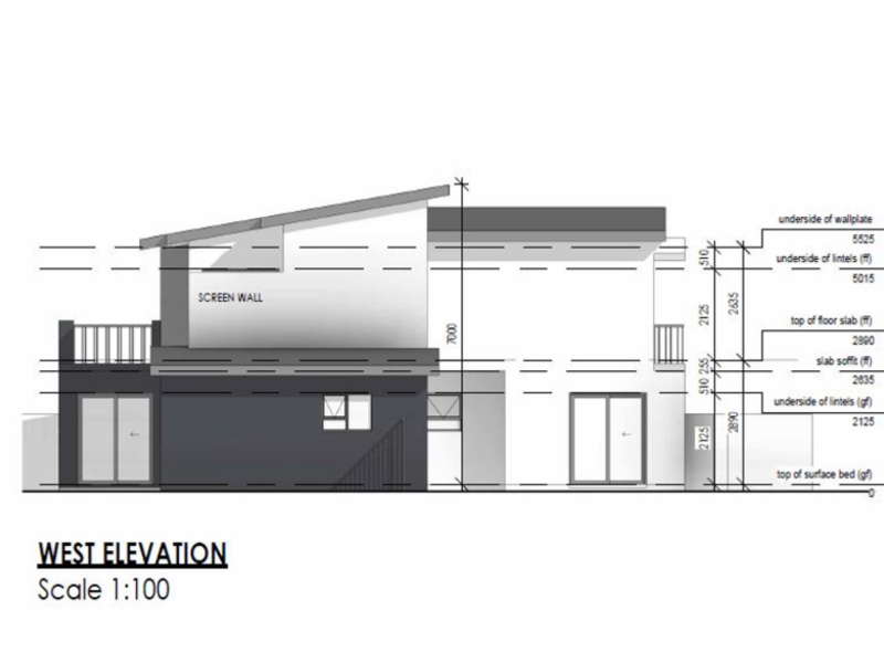 Architectural west elevation drawing showing the building facade, screen wall, and structural height dimensions.