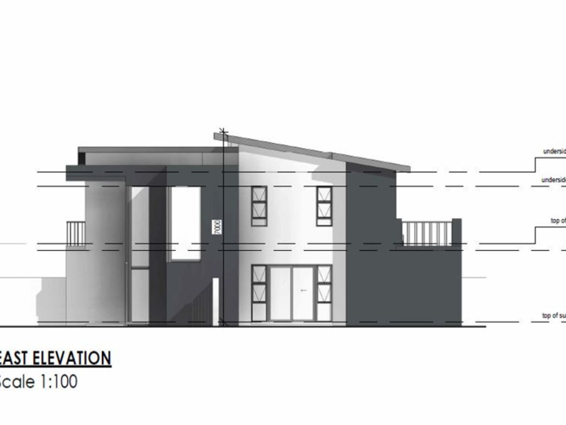 Architectural east elevation drawing showing the building facade design and structural height levels.