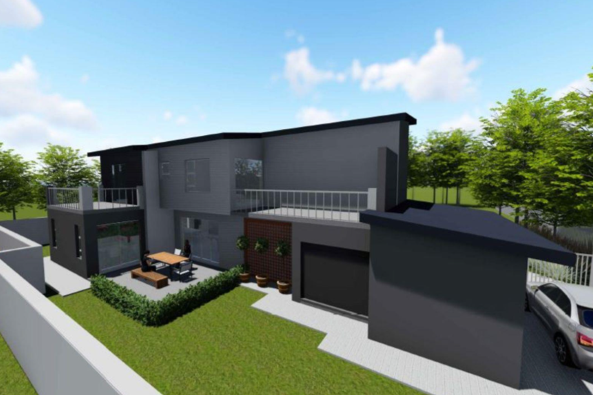 A 3D architectural rendering of a modern two-story house featuring a rear patio, balcony, garage, and landscaped garden area.
