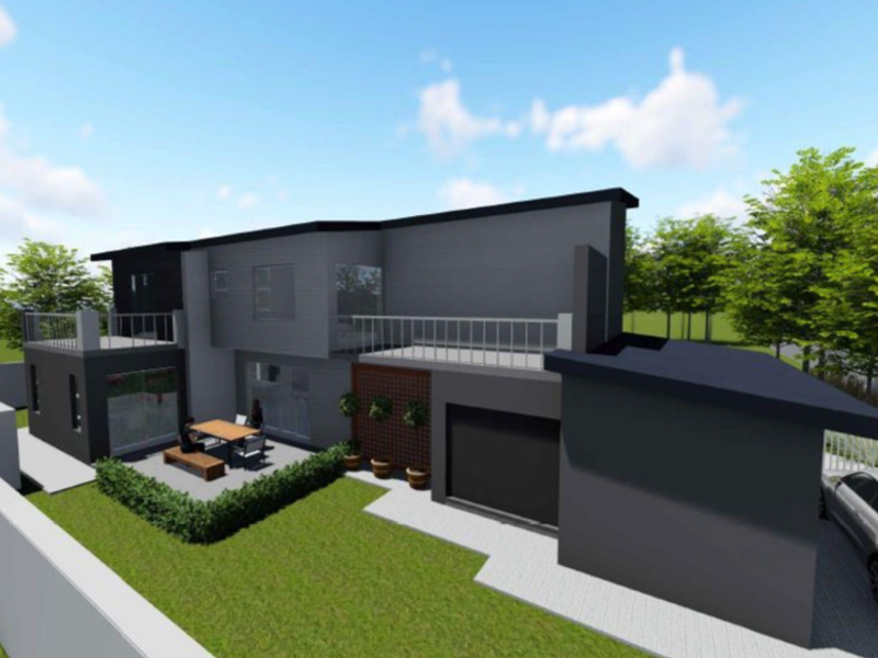 A 3D architectural rendering of a modern two-story house featuring a rear patio, balcony, garage, and landscaped garden area.