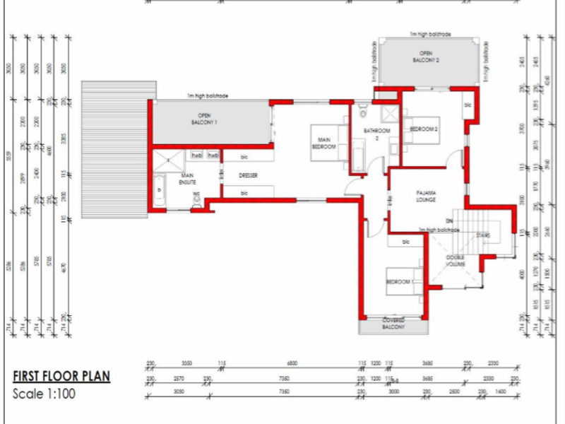 Architectural first floor plan showing the layout of bedrooms, bathrooms, pajama lounge, and balconies with detailed dimensions.