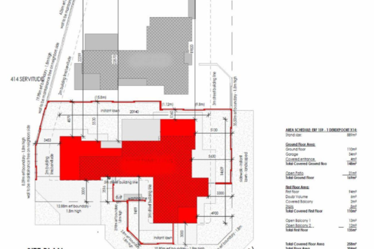 A detailed site plan and area schedule for the property, outlining building footprints, boundary lines, and total floor area measurements.