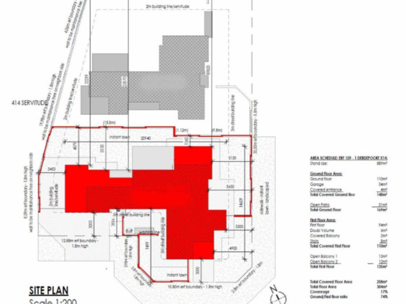A detailed site plan and area schedule for the property, outlining building footprints, boundary lines, and total floor area measurements.