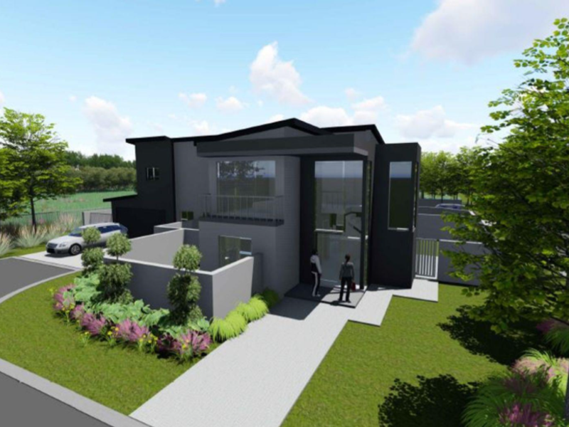 A modern double-storey residential property featuring a contemporary facade, paved driveway, and landscaped front garden.
