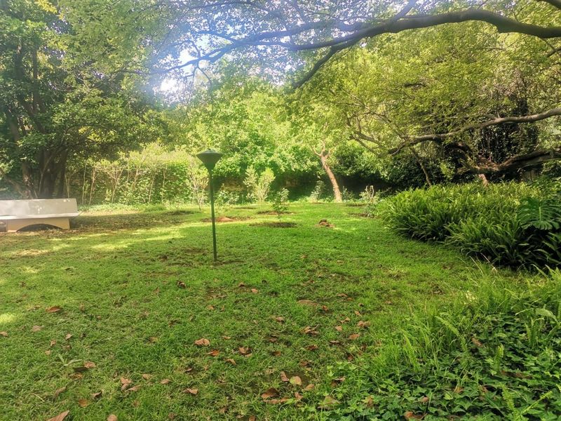 A lush, well-established garden featuring mature trees, expansive lawn areas, and perimeter stone walling, providing a private and tranquil outdoor setting.