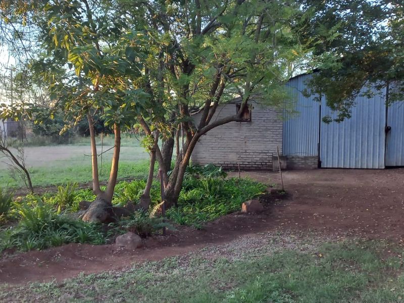 A view of a rustic farm outbuilding featuring corrugated metal siding and brick construction, situated in a natural garden setting.