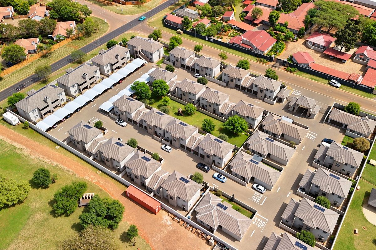 Aerial view of a residential townhouse complex featuring multiple units with tiled roofs, paved driveways, carports, and solar panel installations.