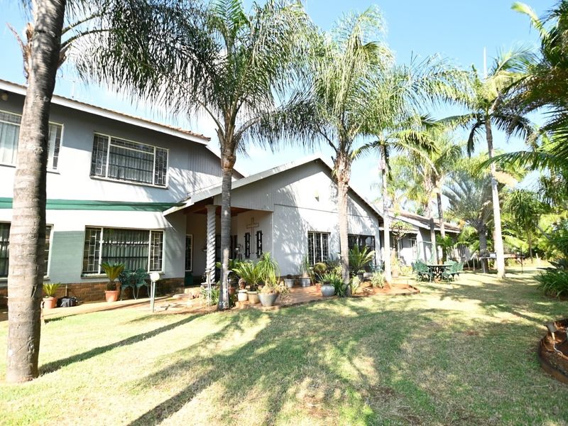 Rear view of the house featuring a paved patio area, established palm trees, and a well-maintained garden lawn.