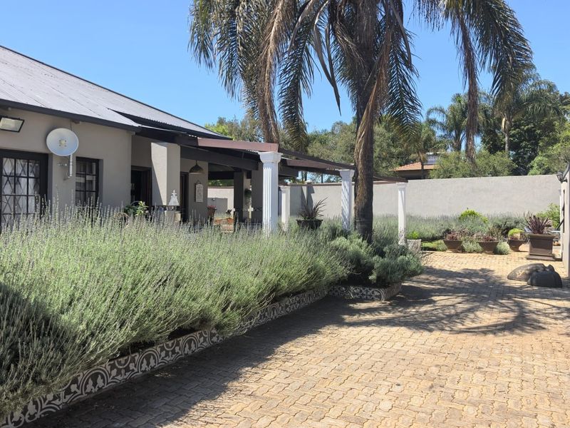 Rear exterior view featuring a covered patio with classical columns, decorative tiled planter boxes, and a paved courtyard area.