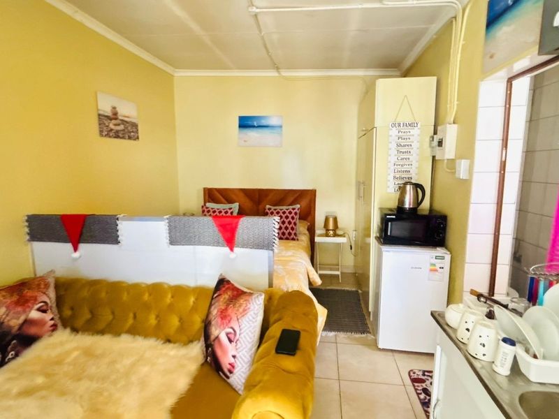 Compact open-plan studio space featuring a combined living and sleeping area with a small kitchenette and built-in storage.