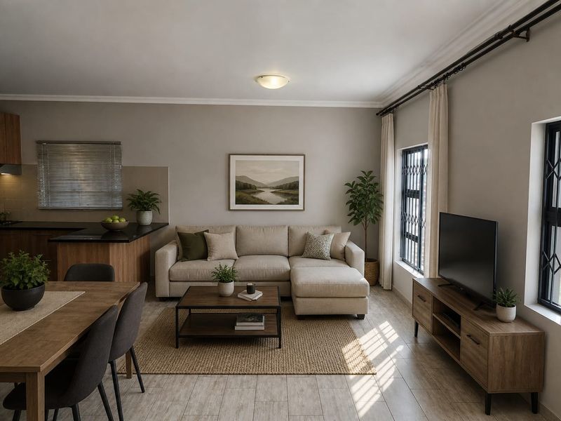 A well-maintained open-plan living and dining area featuring tiled floors, modern kitchen cabinetry with granite countertops, and secure window treatments.