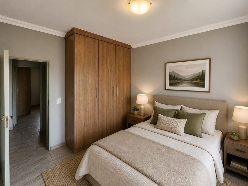A well-maintained bedroom featuring built-in wooden wardrobes, neutral wall tones, and tiled flooring, offering a clean and comfortable living space.