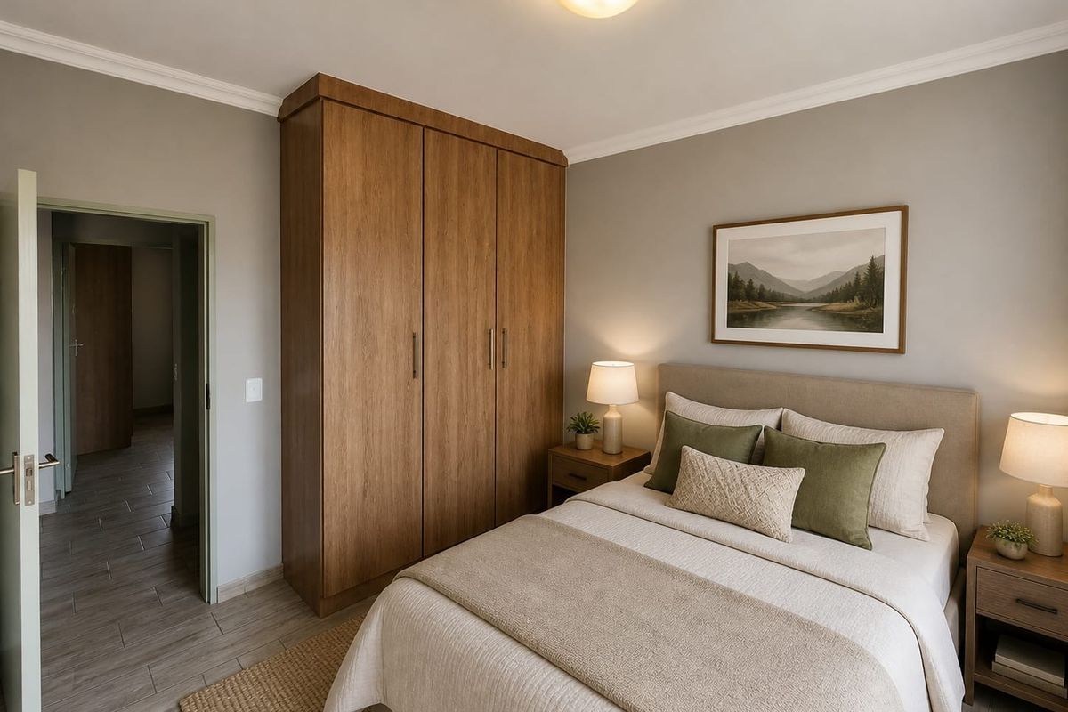 A well-maintained bedroom featuring built-in wooden wardrobes, neutral wall tones, and tiled flooring, offering a clean and comfortable living space.