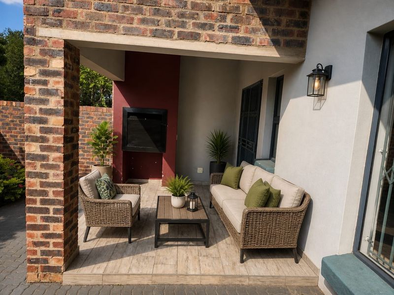 A covered patio area featuring a built-in braai, tiled flooring, and a brick support pillar, providing a functional outdoor entertainment space.
