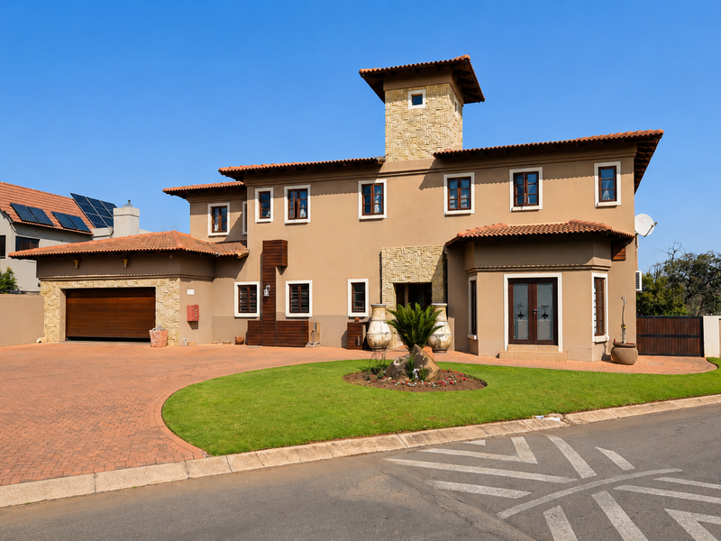 A well-maintained double-story residence featuring stone cladding accents, a paved driveway, a double garage, and a manicured front garden.