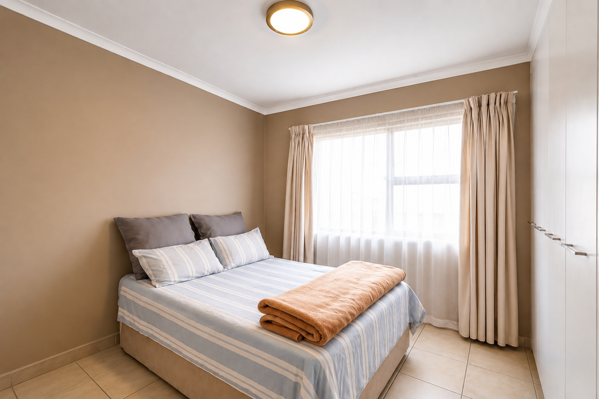 A well-maintained bedroom featuring neutral wall tones, tiled flooring, and ample built-in cupboard storage with natural light through large windows.