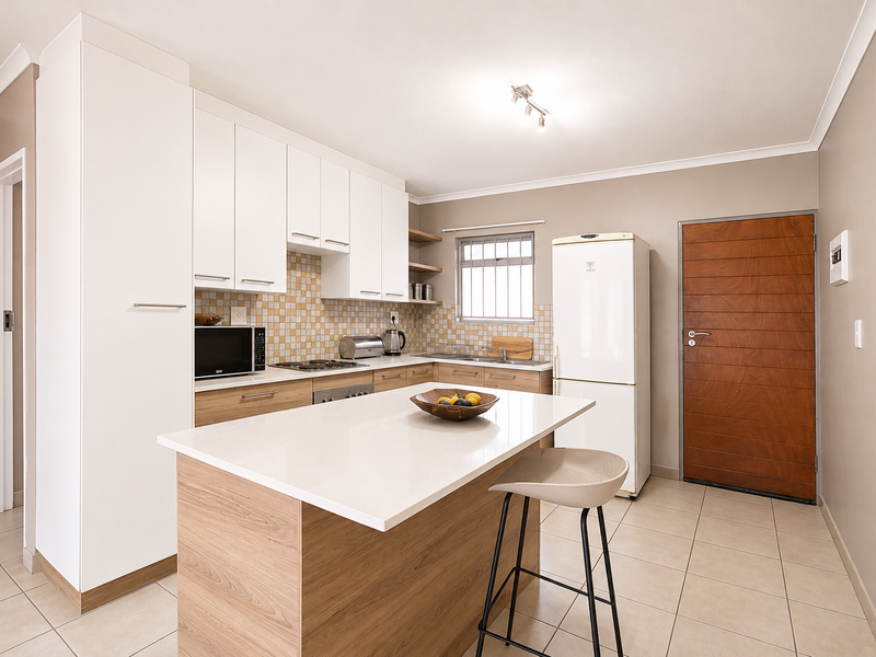 Modern kitchen featuring light wood cabinetry, stone countertops, a central island, mosaic tile backsplash, and neutral ceramic floor tiles.