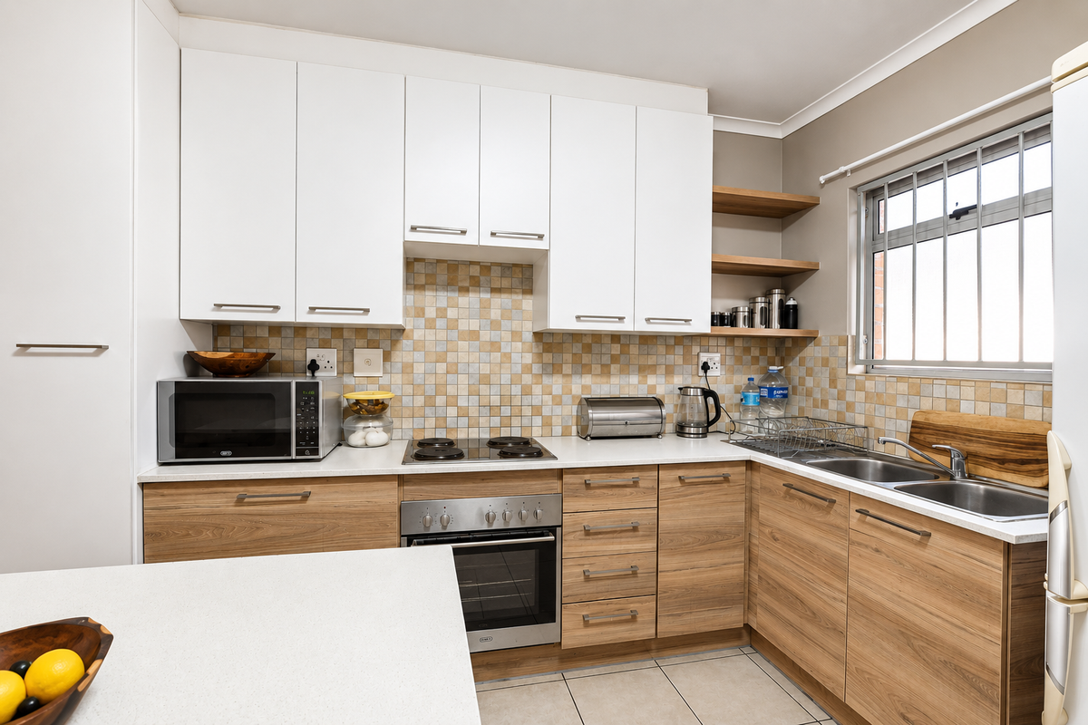 Modern kitchen featuring light wood cabinetry, stone countertops, tiled backsplash, built-in oven, electric hob, and a double sink with security bars on the window.