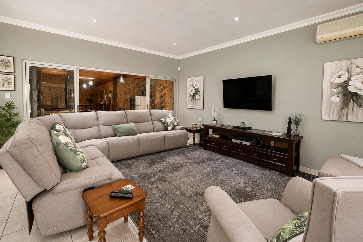 A comfortable living room featuring tiled flooring, recessed downlighting, coved cornicing, and large sliding glass doors that provide a view into the adjacent space.
