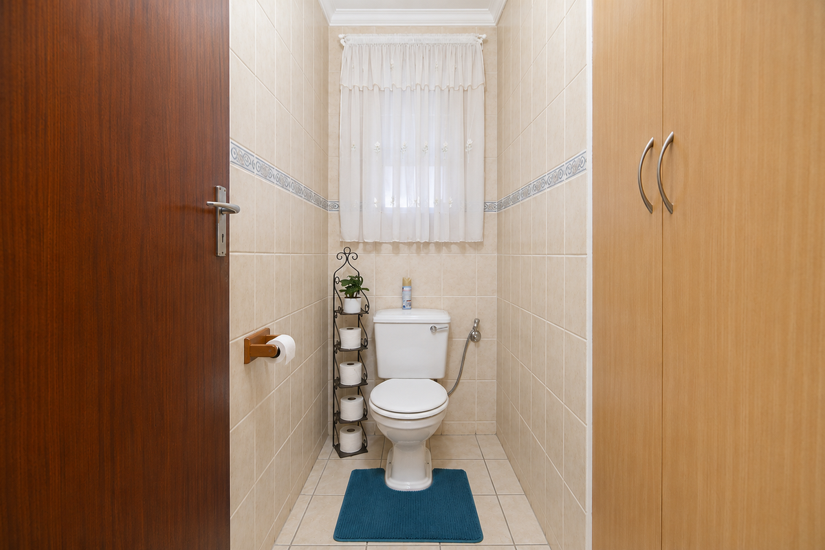 A compact guest bathroom featuring floor-to-ceiling wall tiles, a standard toilet with bidet spray, and integrated wooden cabinetry for storage.