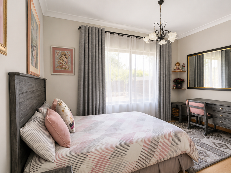 A well-maintained bedroom featuring laminate flooring, neutral walls, cove cornicing, and a large window with integrated curtain tracks.