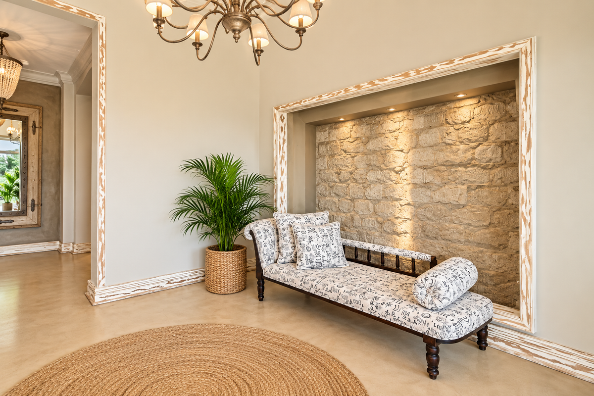 Elegant living area featuring a rustic stone feature wall with recessed lighting, polished concrete floors, and decorative timber architraves.