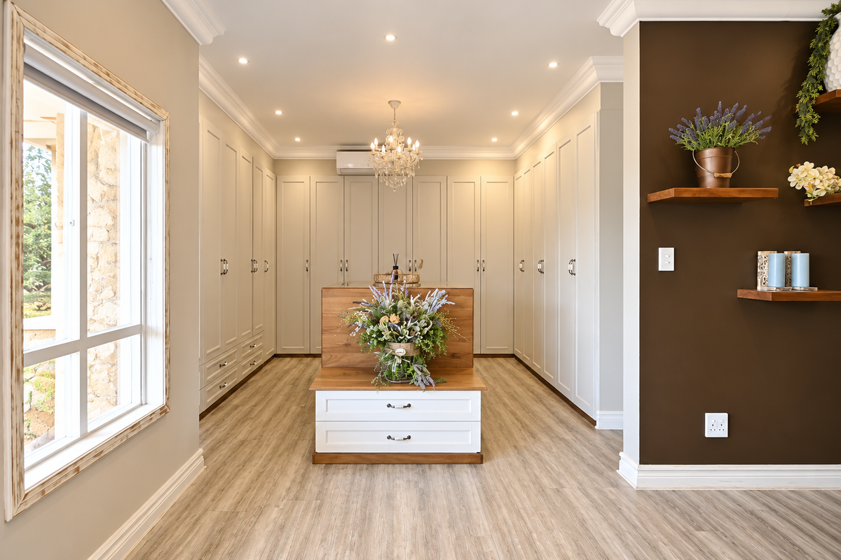 A spacious walk-in wardrobe or dressing room featuring extensive built-in cabinetry, recessed lighting, and elegant crown molding with timber-look flooring.