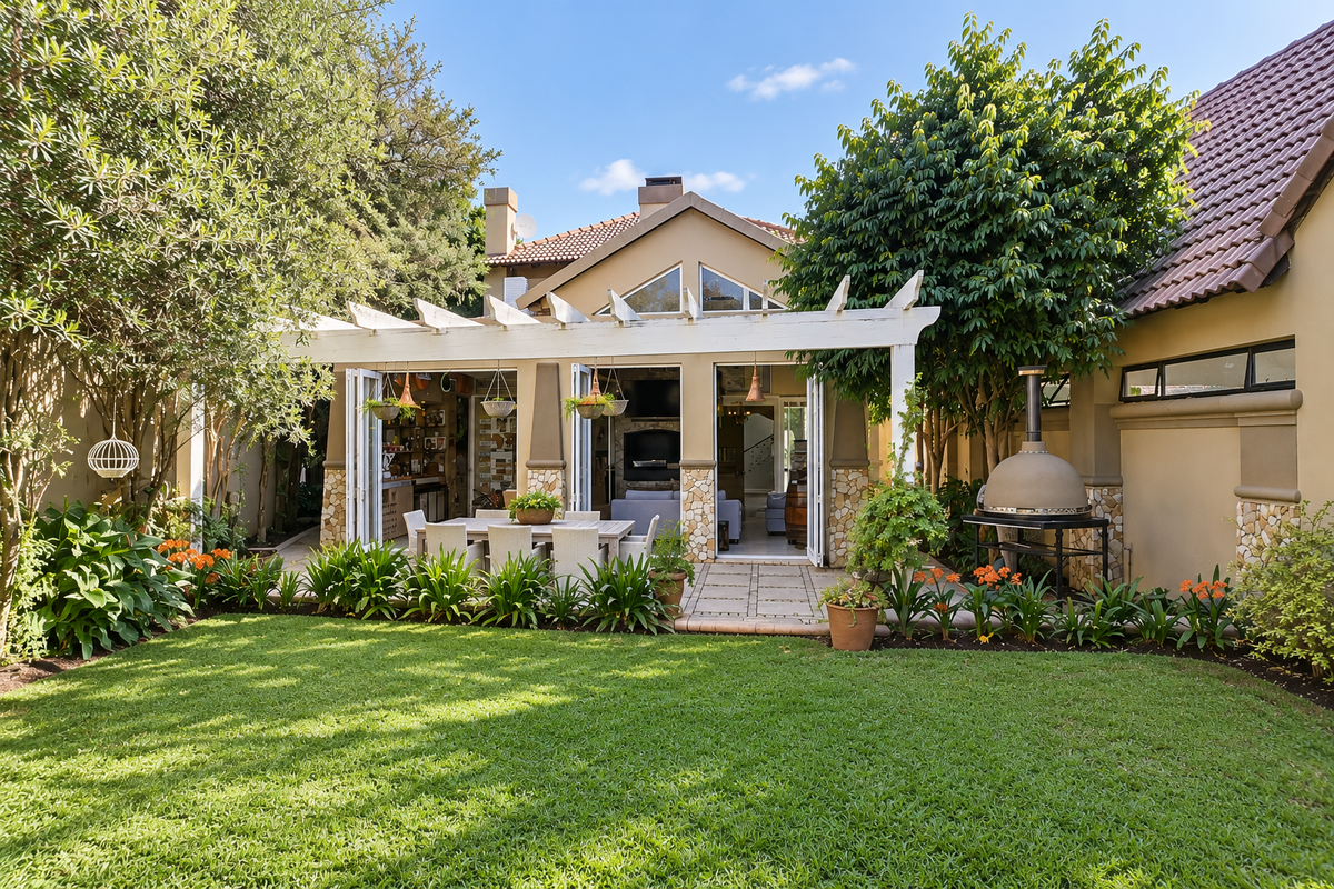 A well-maintained rear garden featuring a covered patio with a pergola, bi-fold doors, and a built-in pizza oven, perfect for outdoor entertaining.
