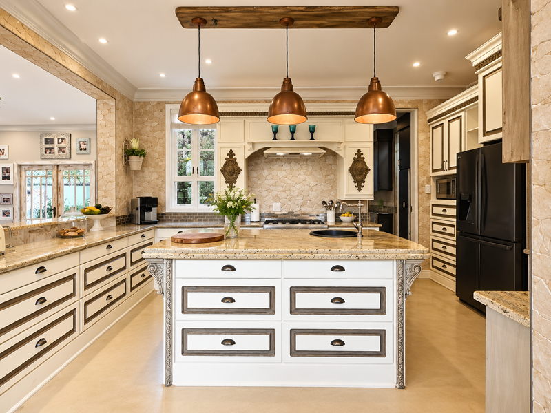 A well-appointed kitchen featuring a central island with granite countertops, custom cabinetry, stone wall finishes, and high-quality integrated appliances.