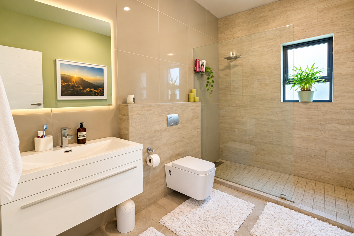 Modern bathroom featuring a wall-mounted vanity with backlit mirror, wall-hung toilet with concealed cistern, and a spacious walk-in shower with glass screen.