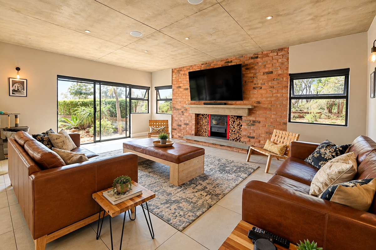 Spacious living room featuring an exposed brick fireplace with a wood-burning stove, concrete ceiling, and large sliding doors opening to the garden.
