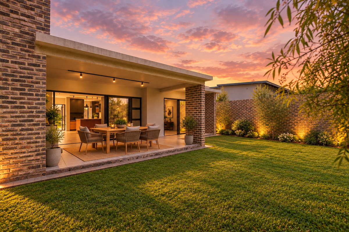 A beautifully landscaped rear garden featuring a covered patio with brick detailing, seamless indoor-outdoor flow through sliding doors, and ambient evening lighting.