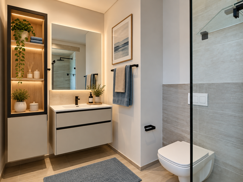 Modern bathroom featuring a wall-mounted vanity, backlit mirror, wall-hung toilet, and a glass-enclosed shower with contemporary tiled finishes.